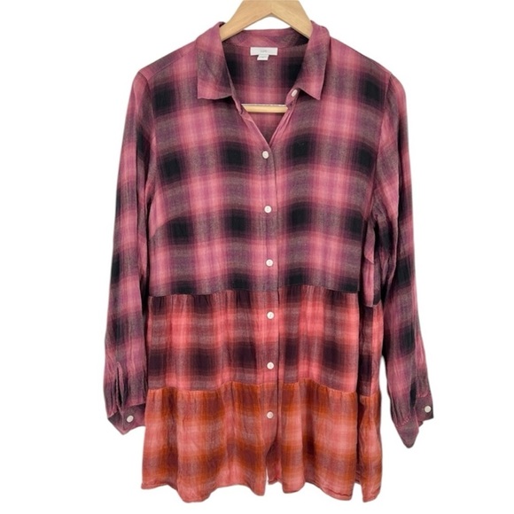 J. Jill Top Women’s Ombré Pink Orange Flannel Plaid Button Up Long Sleeves Tunic - Picture 1 of 10